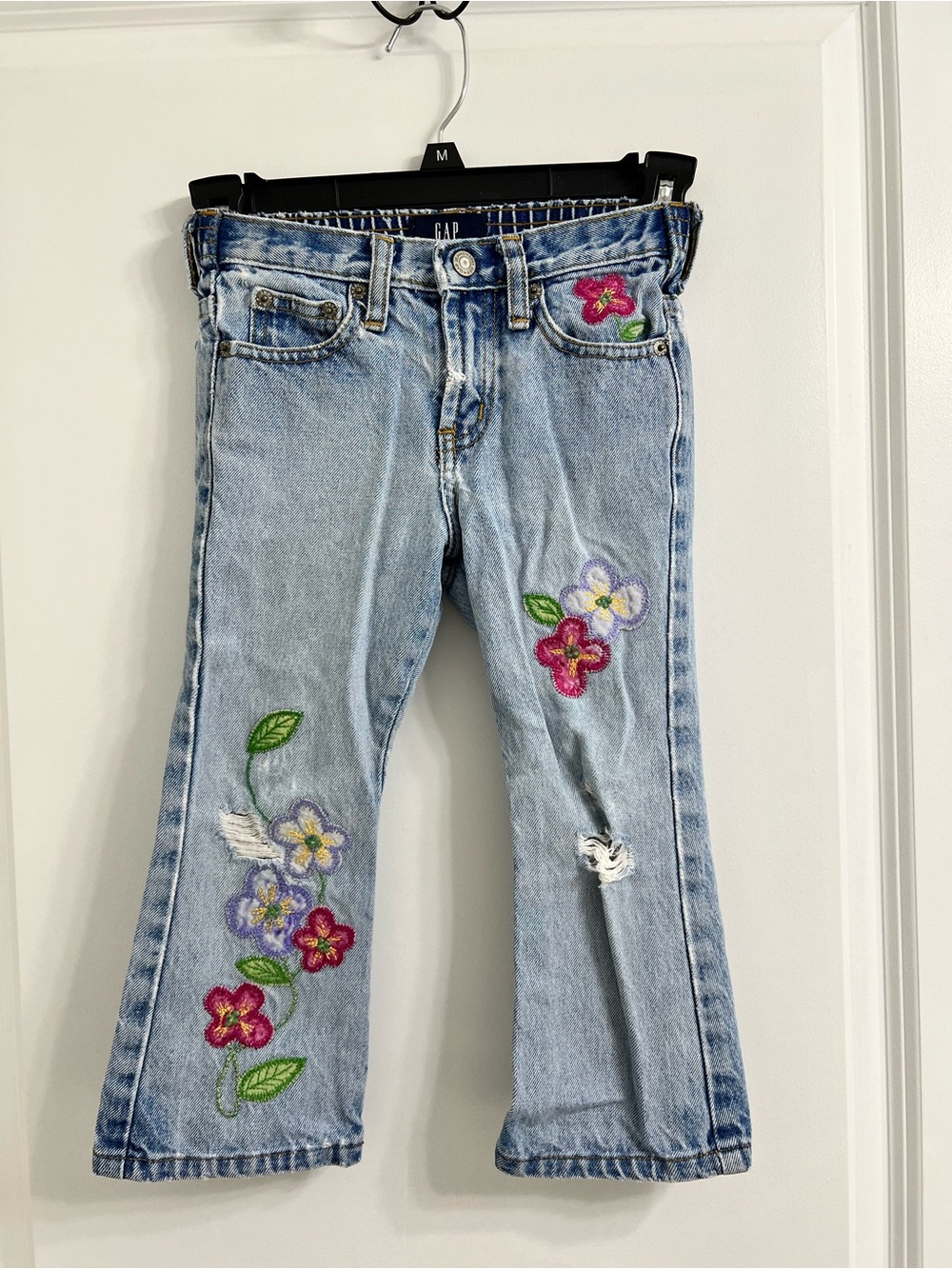 VTG 90s Y2K Toddler Gap Floral Embroider Distressed Denim Jean Snap Button Sz 3